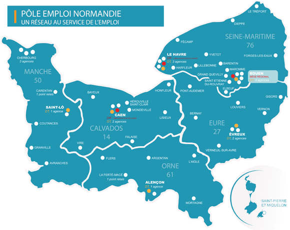 Carte des implantations Pôle emploi Normandie